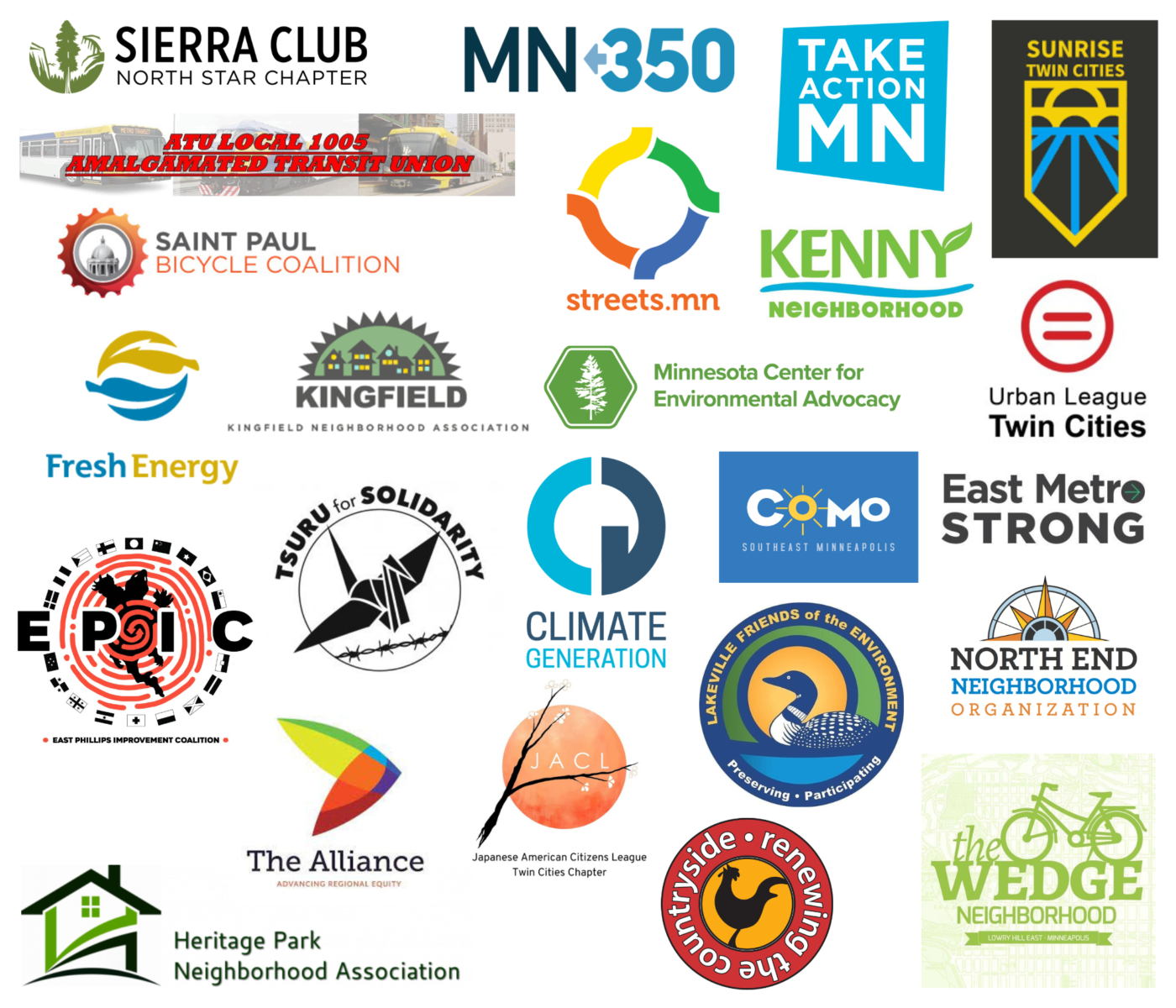 Logos of co-signing organizations: Sierra Club North Star Chapter, MN350, Take Action Minnesota, Sunrise Twin Cities, ATU Local 1005 Amalgamated Transit Union, Streets.mn, Saint Paul Bicycle Coalition, Kenny Neighborhood, Urban League Twin Cities, Kingfield Neighborhood Association, Minnesota Center for Environmental Advocacy, Fresh Energy, East Phillips Improvement Coalition, Tsuru for Solidarity, Climate Generation, Como Southeast Minneapolis, East Metro Strong, North End Neighborhood Organization, Lakeville Friends of the Environment, The Alliance, Japanese American Citizens League Twin Cities Chapter, Heritage Park Neighborhood Association, Renewing the Countryside, The Wedge Neighborhood