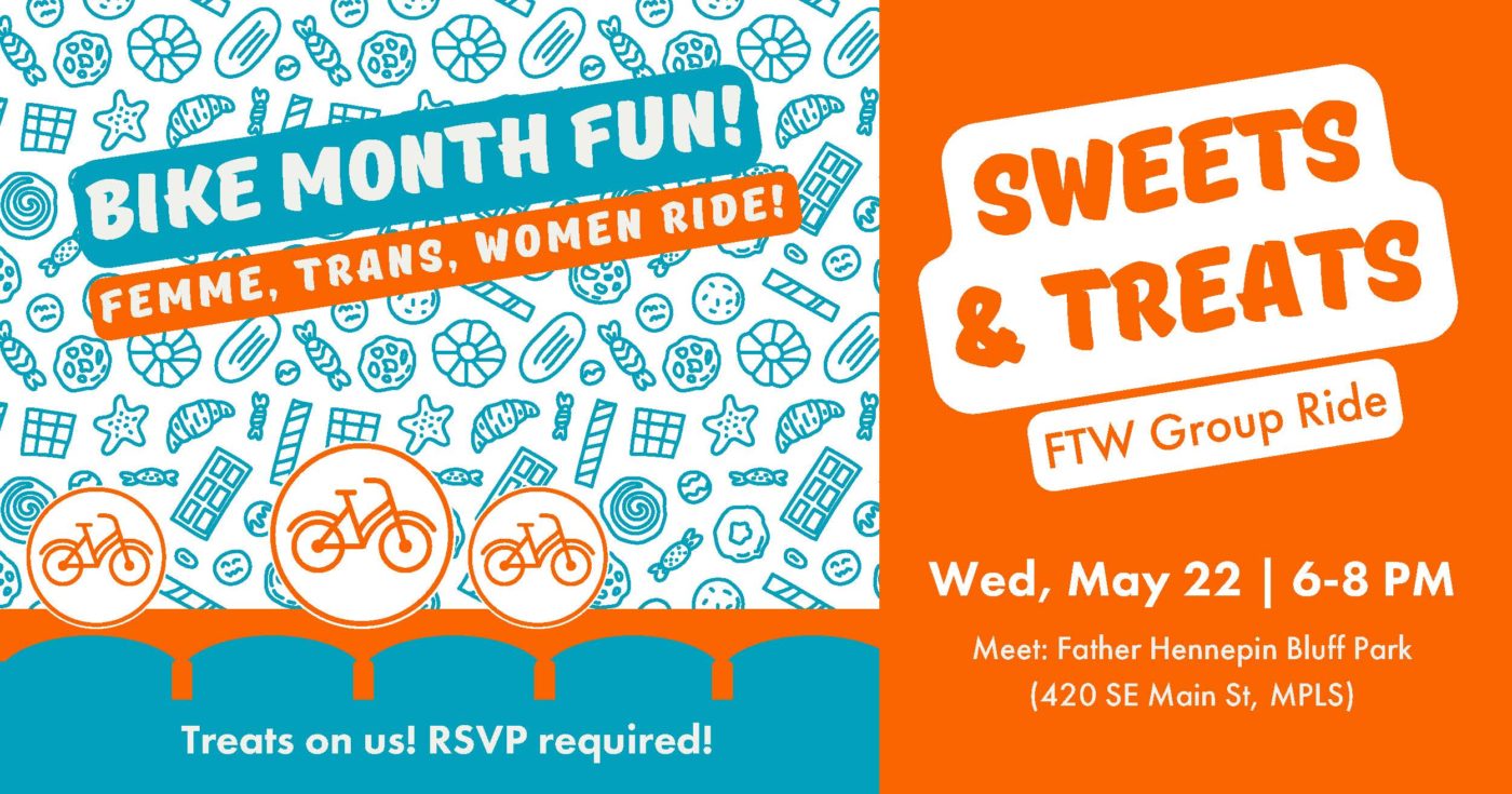 Brightly colored bicycle icons crossing a bridge under a sky full of candy and baked goods, and next to text that reads "Sweets and Treats FTW Group Ride."