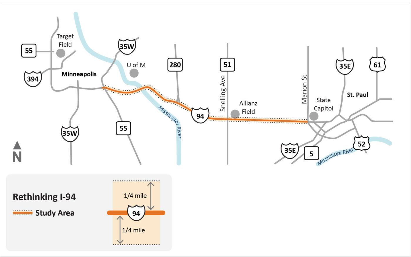 A map of the Rethinking I-94 study area between Minneapolis and Saint Paul, Minnesota.