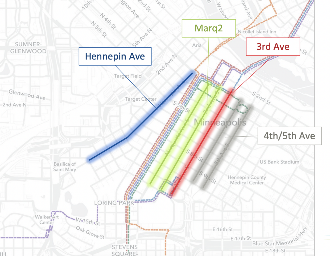 A visual rendering of the different options to relocate buses from Nicollet Mall to Marquette, Hennepin, Third Ave or 4th/5th St