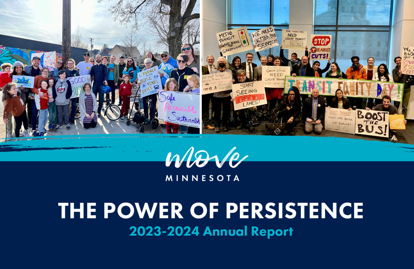 Two images of advocates above the title "The Power of Persistence; 2023-2024 Annual Report"