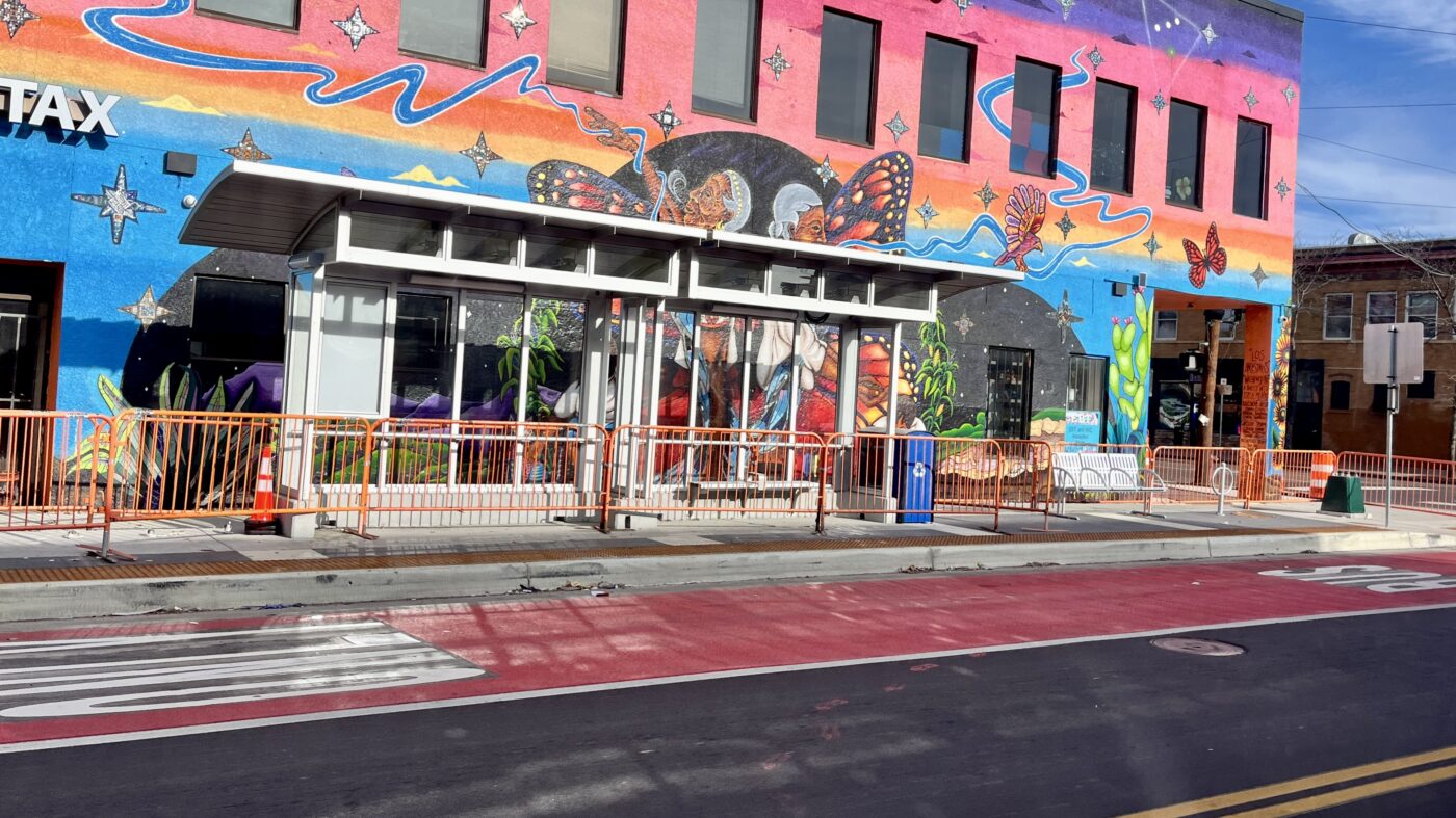 A new upgraded bus shelter in front of La Mexicana Supermercado on Lake Street in Minneapolis