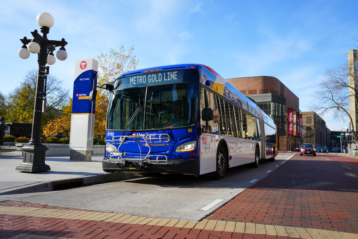 Picture of the Gold Line Bus at the Rice Park Station in Downtown Saint Paul